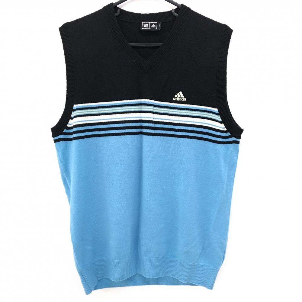 【美品】アディダス ニットベスト 黒×ライトブルー 一部ボーダー ウール混 Vネック  メンズ L/G ゴルフウェア adidas