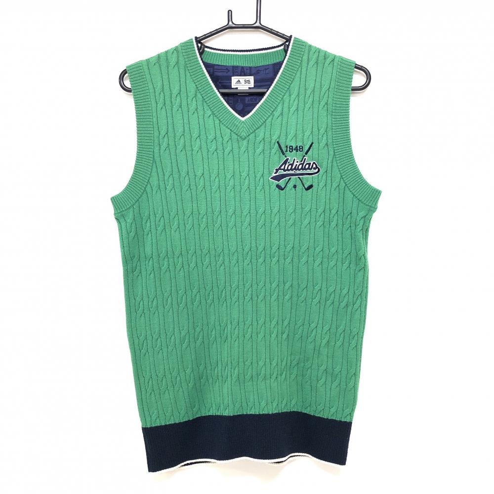 【美品】アディダス ニットベスト グリーン×ネイビー ケーブル編み Vネック ウール混 メンズ L/G ゴルフウェア adidas