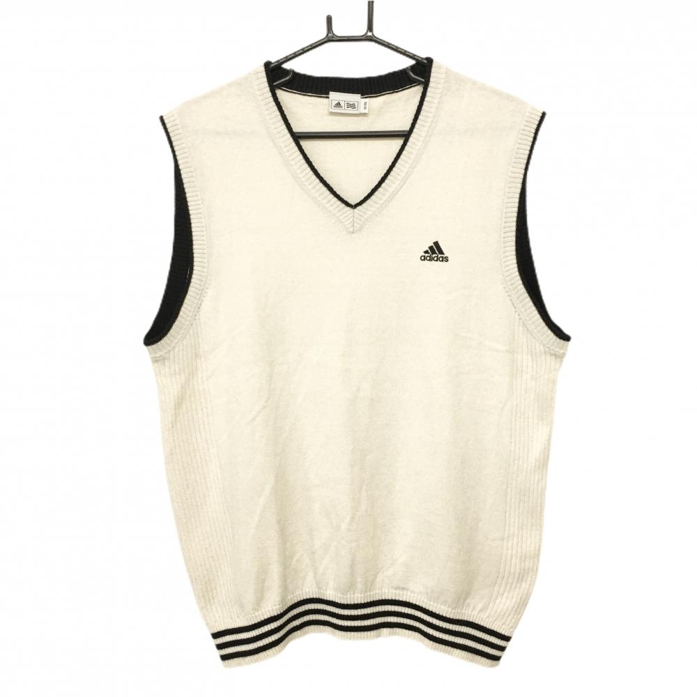 アディダス ニットベスト 白×黒 ロゴ刺しゅう Vネック ウール混  メンズ O/XG ゴルフウェア adidas