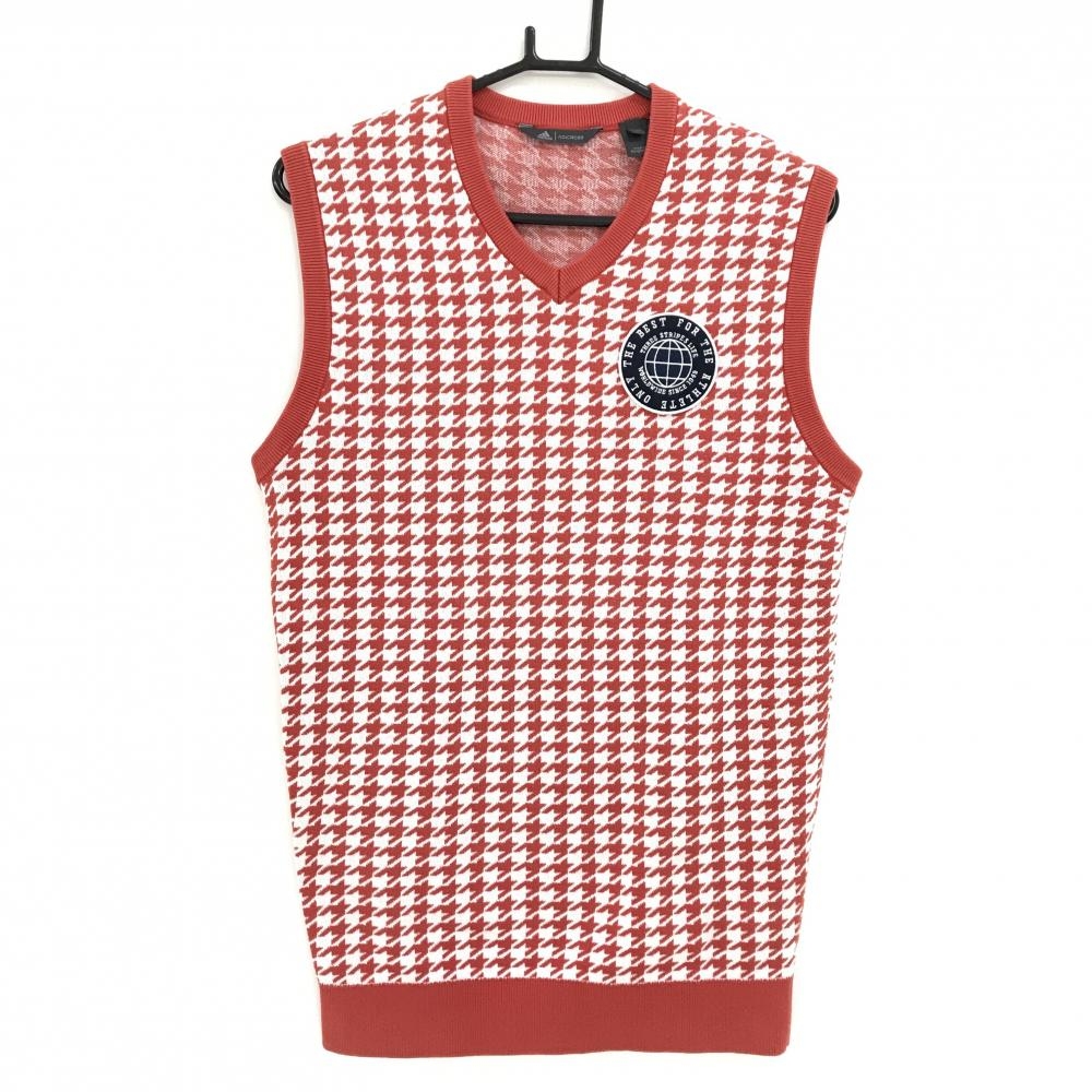 アディダス ニットベスト レッド×白 千鳥格子 Vネック  メンズ M ゴルフウェア adidas