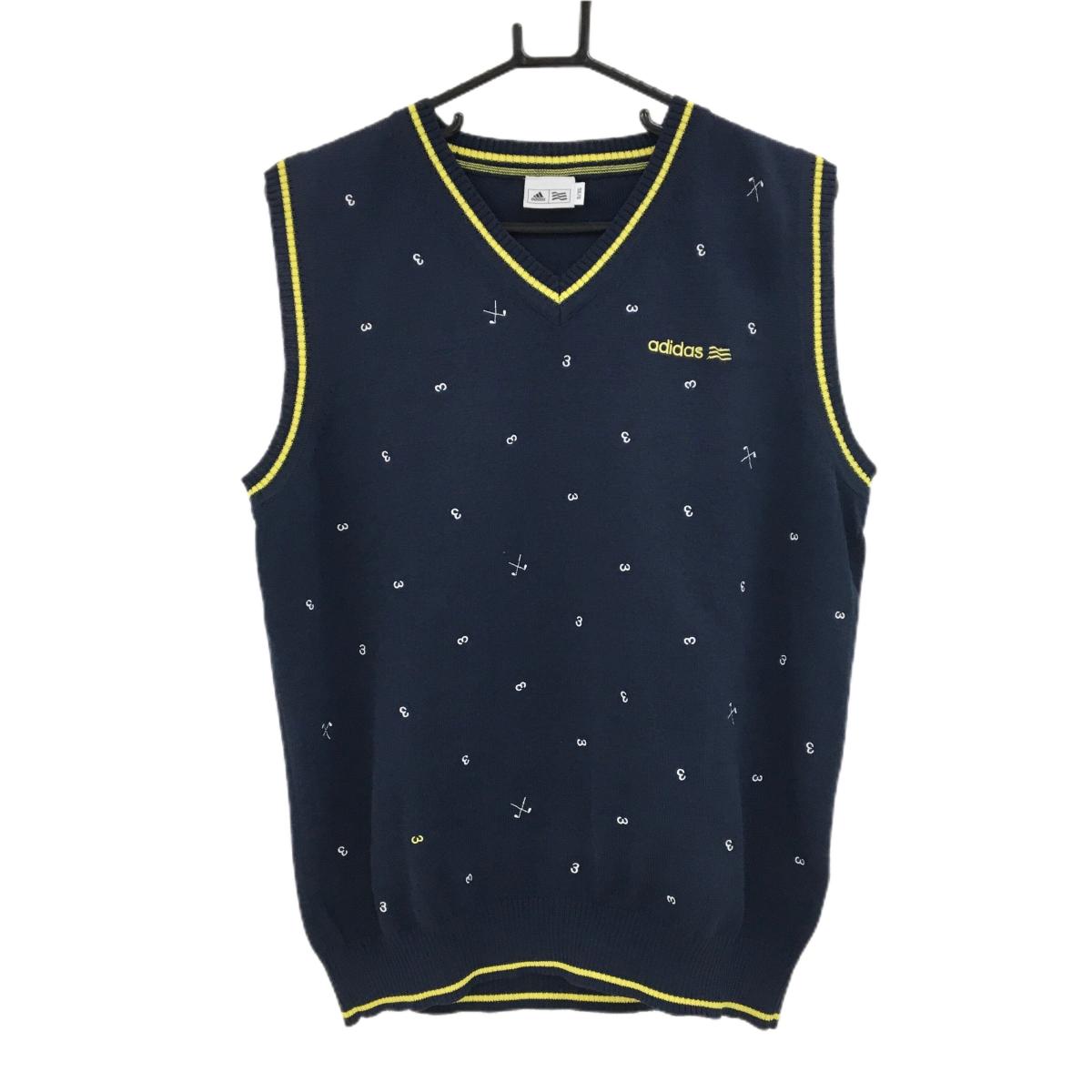 【超美品】アディダス ニットベスト ネイビー×イエロー×白 総柄 Vネック メンズ O/XG ゴルフウェア adidas