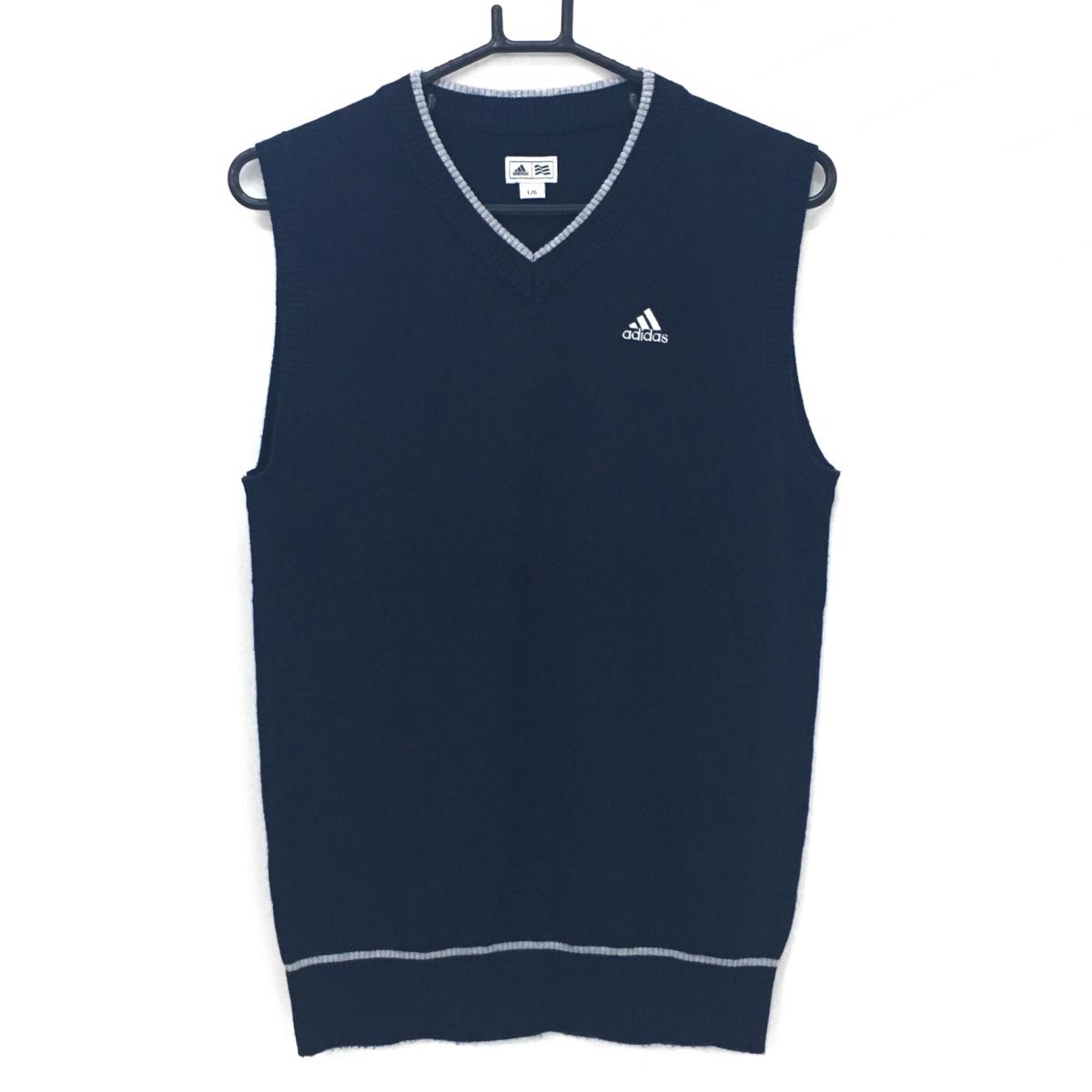 【美品】アディダス ニットベスト ネイビー×グレー Vネック ロゴ刺しゅう  メンズ L/G ゴルフウェア adidas