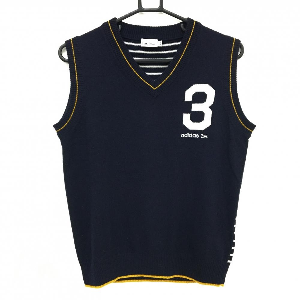 【美品】アディダス ニットベスト ネイビー×白 背面ボーダー ウール混 Vネック メンズ M/M ゴルフウェア adidas