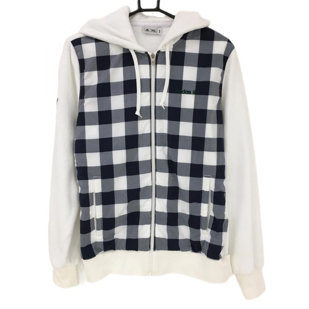 【美品】アディダス ボア切替パーカー 白×ネイビー 前チェック ブルゾン  メンズ M ゴルフウェア adidas