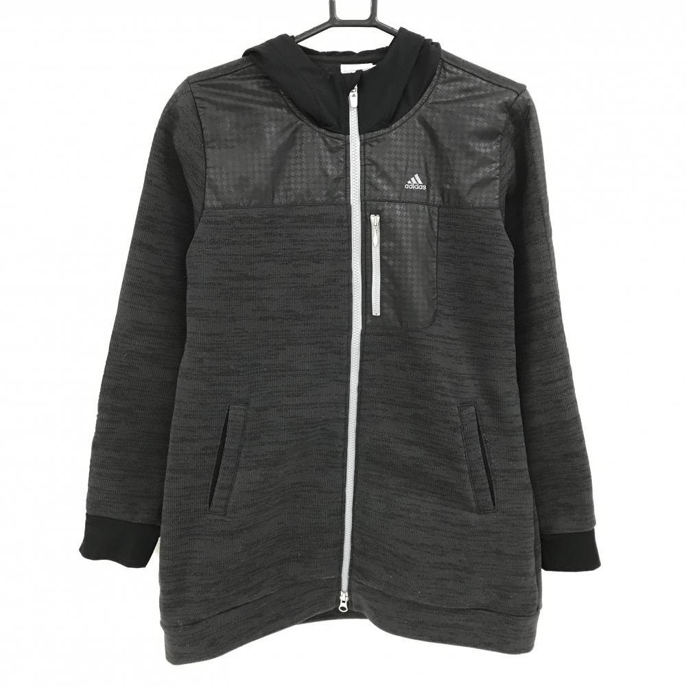 【美品】アディダス ニットジップパーカー ダークグレー×黒 一部柄 裏起毛 切替素材  メンズ L/G ゴルフウェア adidas