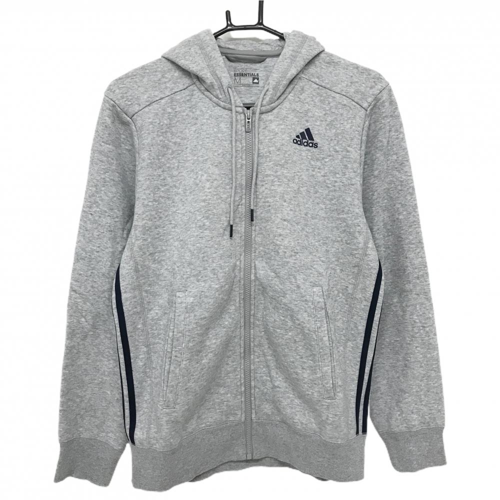 【超美品】アディダス ジップパーカー 杢グレー×ネイビー 裏微起毛 サイド3ライン メンズ M ゴルフウェア adidas