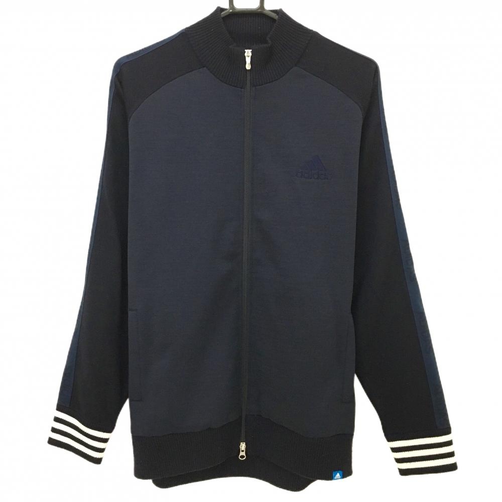 アディダス ニットジャケット ダークネイビー×白 肩・袖ロゴライン 切替 ウール混 メンズ O/XG ゴルフウェア adidas