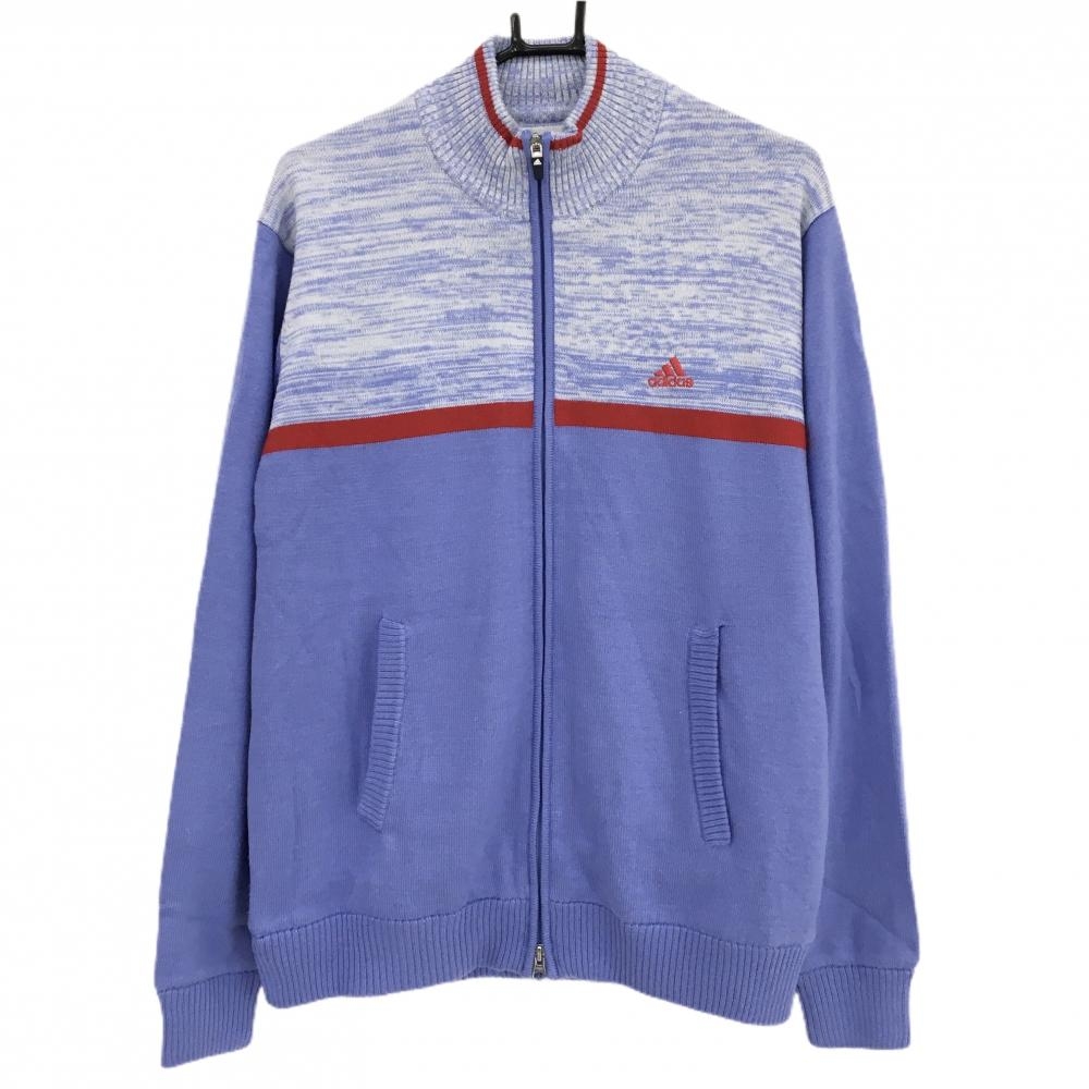 【美品】アディダス ニットジャケット パープル×レッド 身頃上部柄 ロゴ刺しゅう ダブルジップ  メンズ O/XG(XL) ゴルフウェア adidas