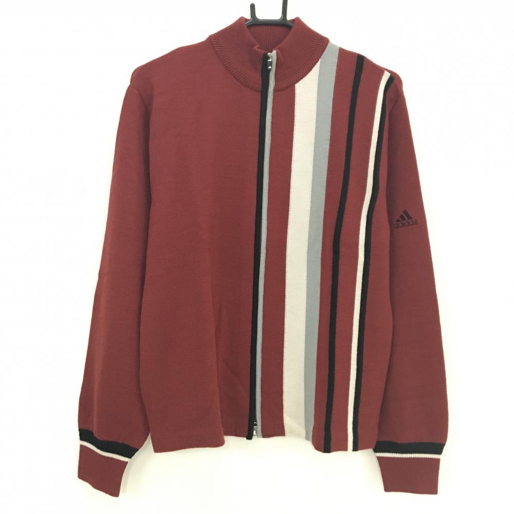 【美品】アディダス ニットジャケット ボルドー×黒 一部ボーダー風 メンズ M/M ゴルフウェア adidas