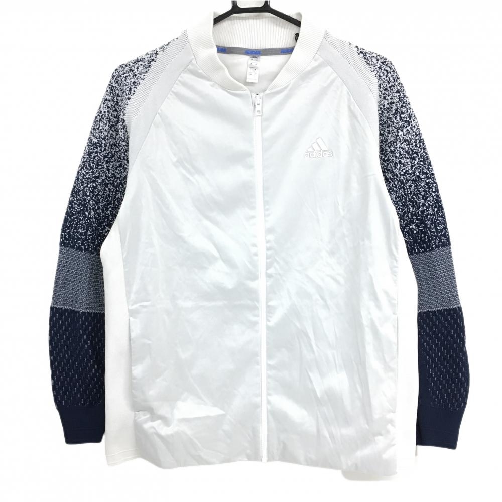 【美品】アディダス 切替ニットジャケット ライトグレー×ネイビー　袖・背面ニット 袖柄 メンズ L ゴルフウェア adidas