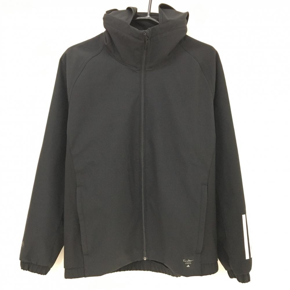 【美品】アディダス ジップパーカー 黒×白 袖3ライン 裏起毛 袖ロゴ  メンズ L ゴルフウェア adidas