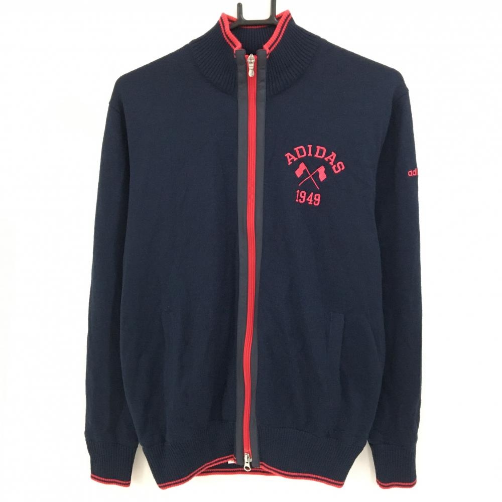 【超美品】アディダス ニットジャケット ネイビー×レッドピンク 蓄熱裏地 ロゴ刺しゅう メンズ M/M ゴルフウェア adidas