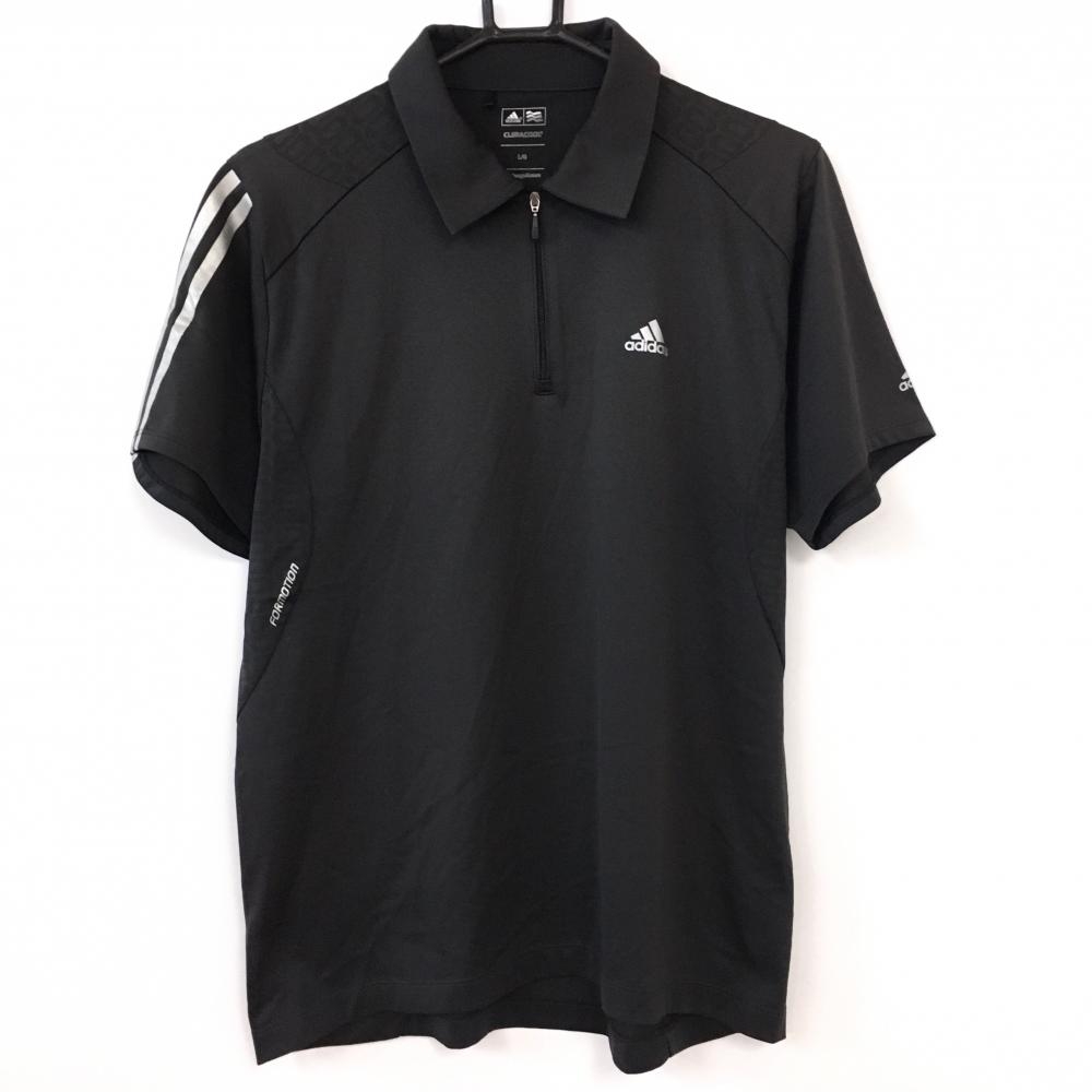 adidas アディダス 半袖ポロシャツ 黒×シルバー ハーフジップ 3ライン メンズ L/G ゴルフウェア