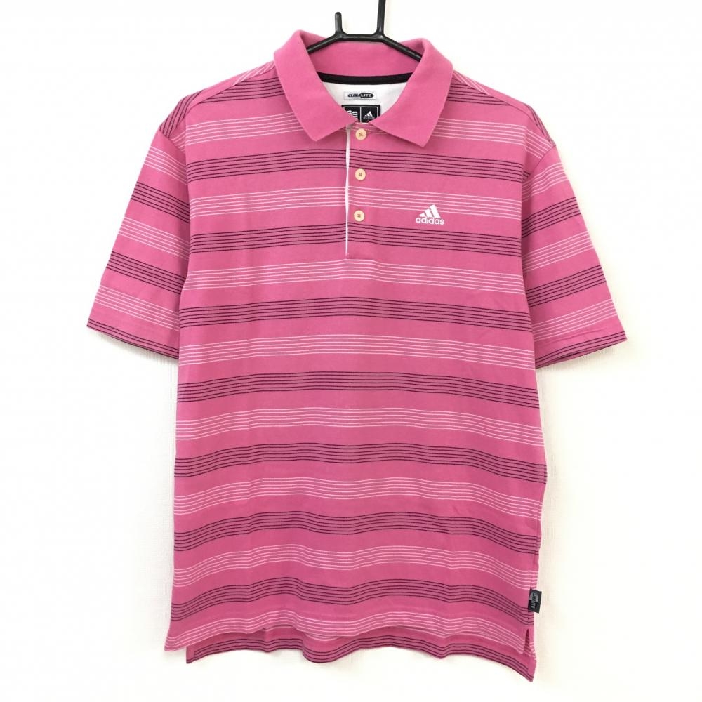 adidas アディダス 半袖ポロシャツ ピンク×黒 ボーダー CLIMALITE メンズ S ゴルフウェア