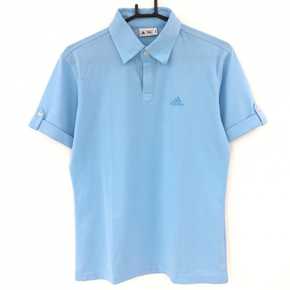 アディダス 半袖ポロシャツ ライトブルー　ボーダー地模様 ロゴ刺しゅう  メンズ M ゴルフウェア adidas