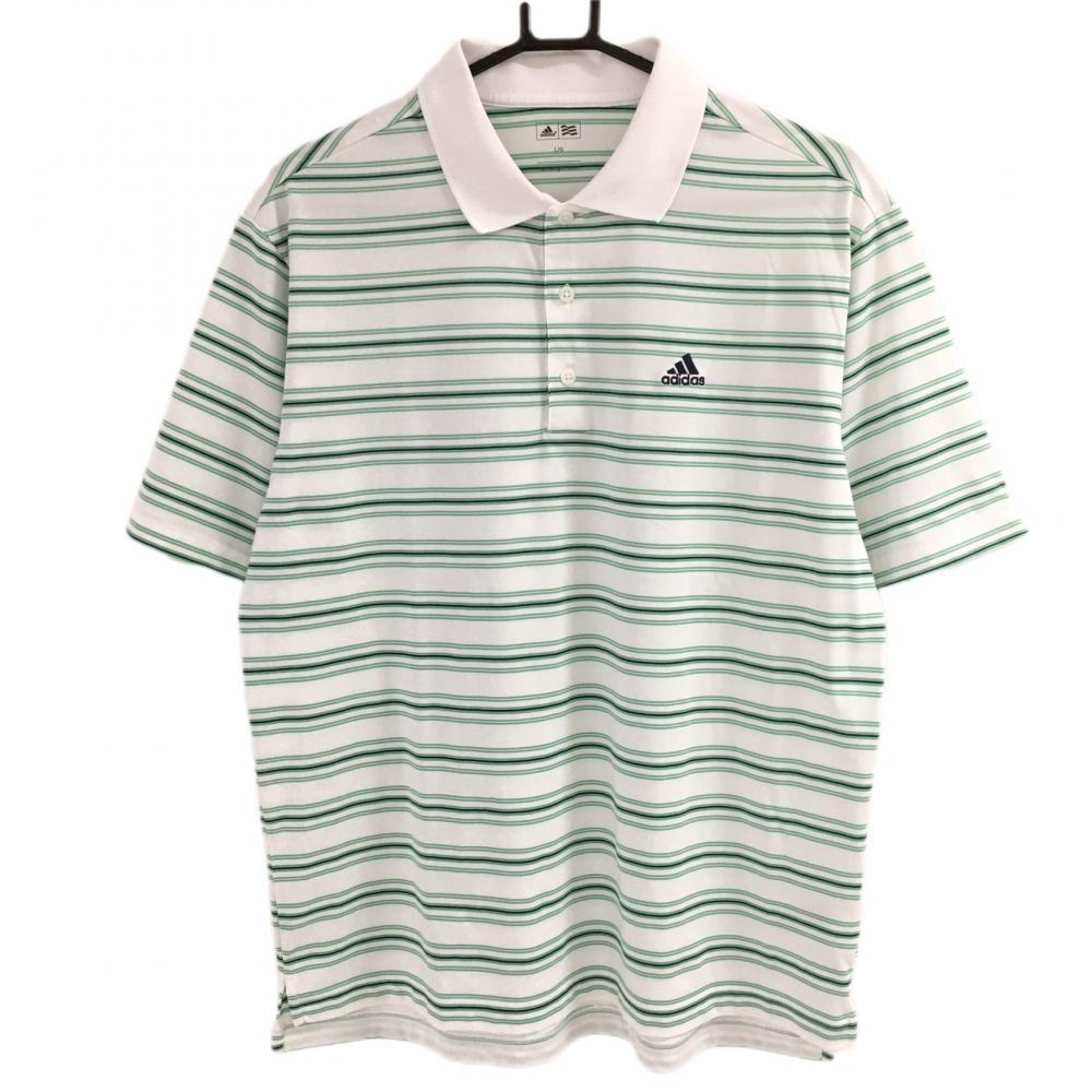 アディダス 半袖ポロシャツ 白×グリーン ボーダー柄 総柄  メンズ L/G ゴルフウェア adidas