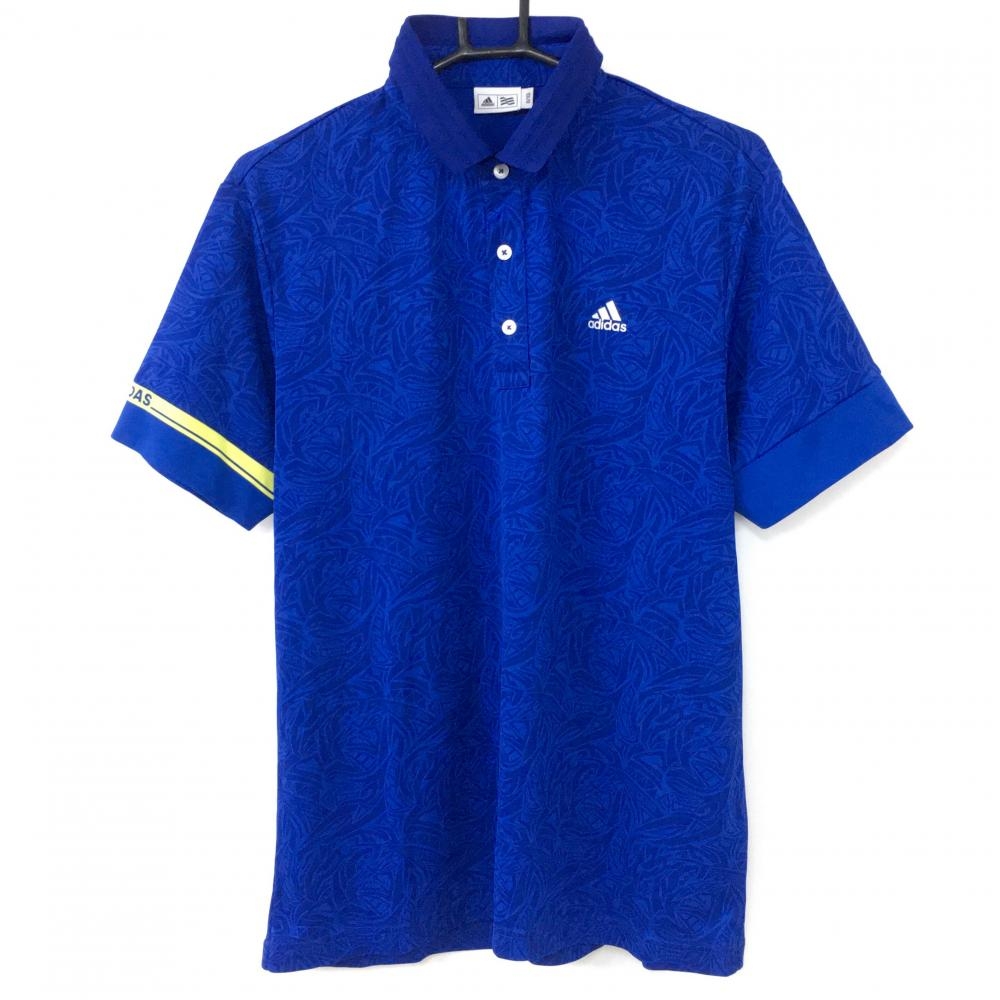 【美品】adidas アディダス 半袖ポロシャツ ブルー×ネイビー 総柄 袖イエローライン  メンズ O/XG ゴルフウェア