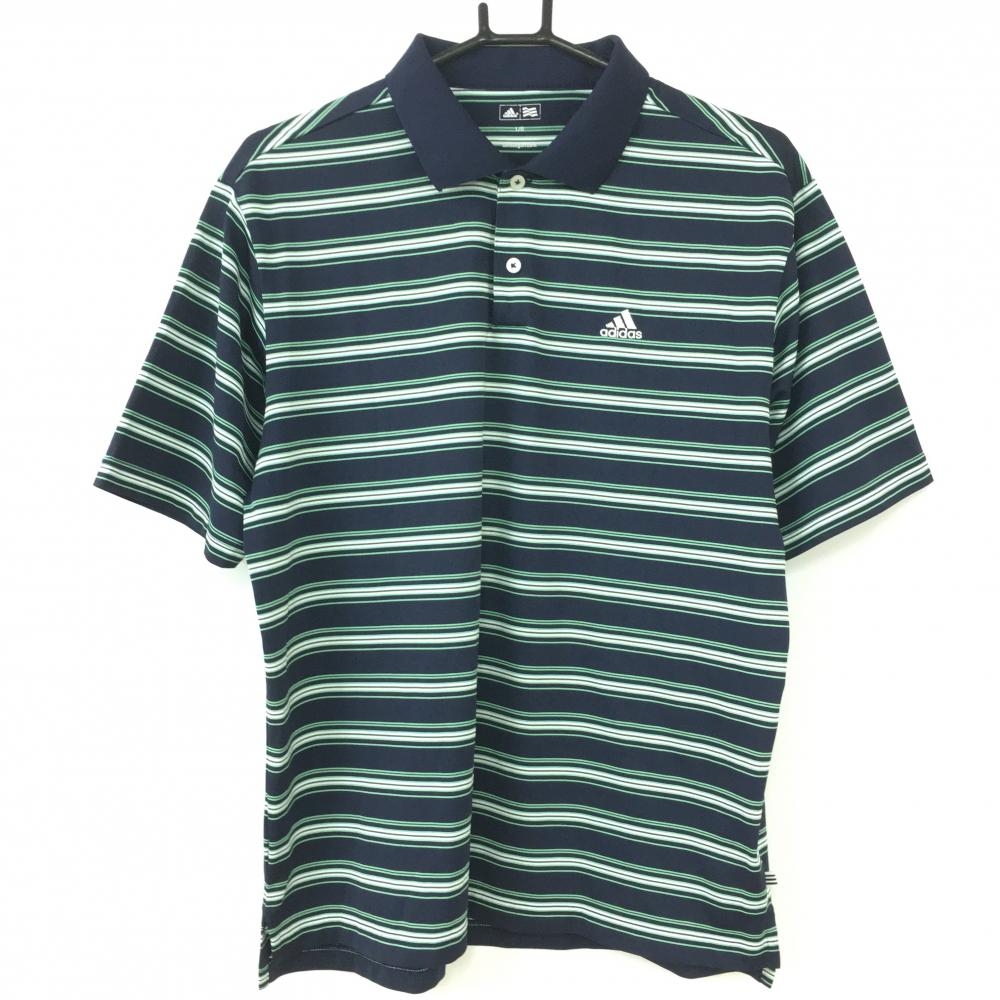 【超美品】adidas アディダス 半袖ポロシャツ ネイビー×ミントグリーン ボーダー ストレッチ メンズ L/G ゴルフウェア
