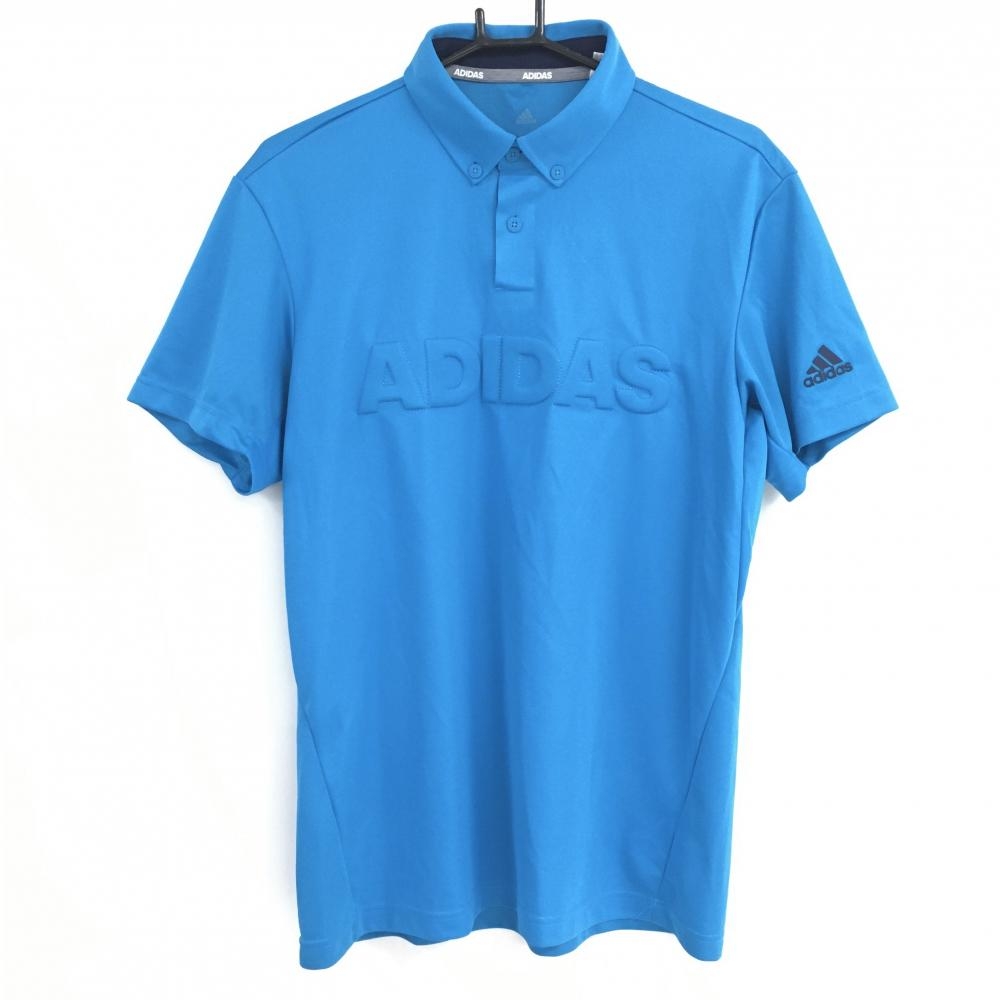 【超美品】アディダス 半袖ポロシャツ ライトブルー ボタンダウン 立体ロゴ メンズ O(XL ) ゴルフウェア adidas