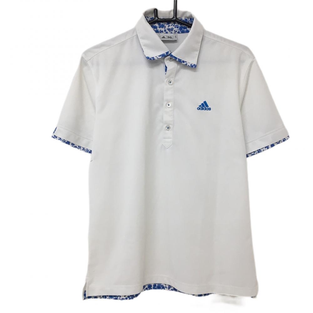 アディダス 半袖ポロシャツ 白×ブルー 襟裏・袖口小花柄 織生地 メンズ L/G ゴルフウェア adidas