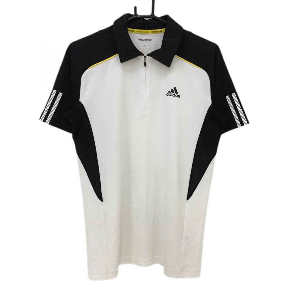 アディダス 半袖ポロシャツ 白×黒 袖3ライン ハーフジップ  メンズ M ゴルフウェア adidas