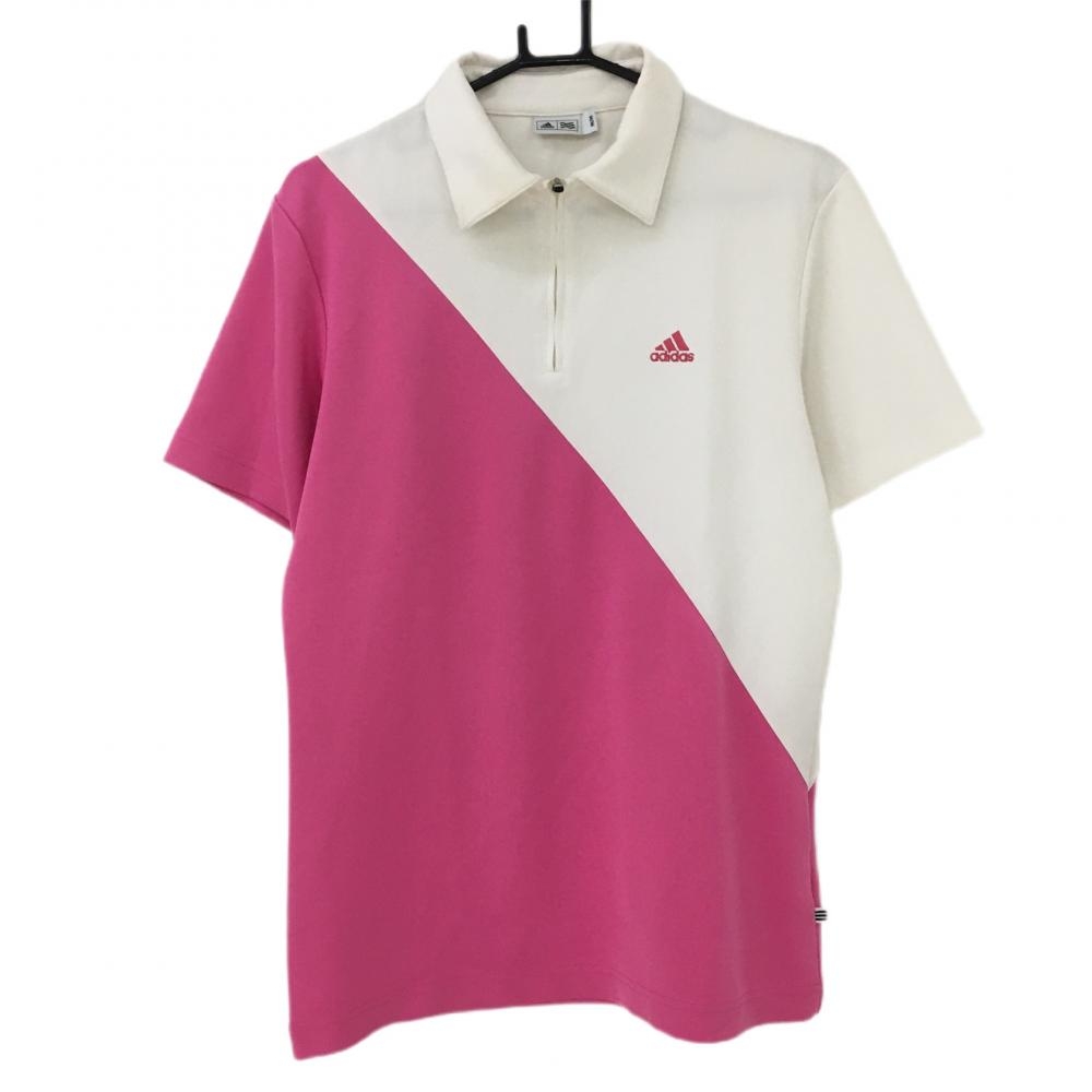 アディダス 半袖ポロシャツ 白×ピンク 胸元ロゴ刺しゅう ハーフジップ  メンズ M/M ゴルフウェア adidas
