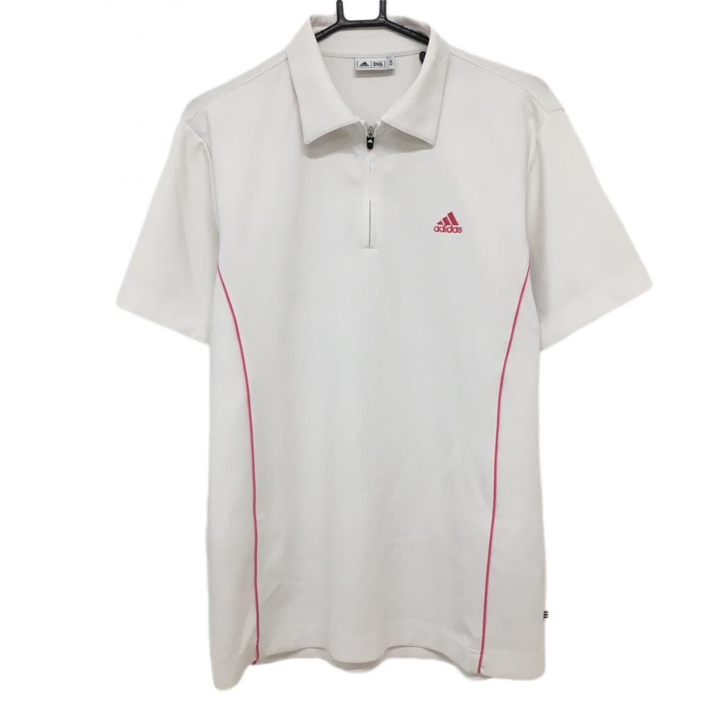 アディダス 半袖ポロシャツ 白×ピンク ハーフジップ  メンズ L/G ゴルフウェア adidas