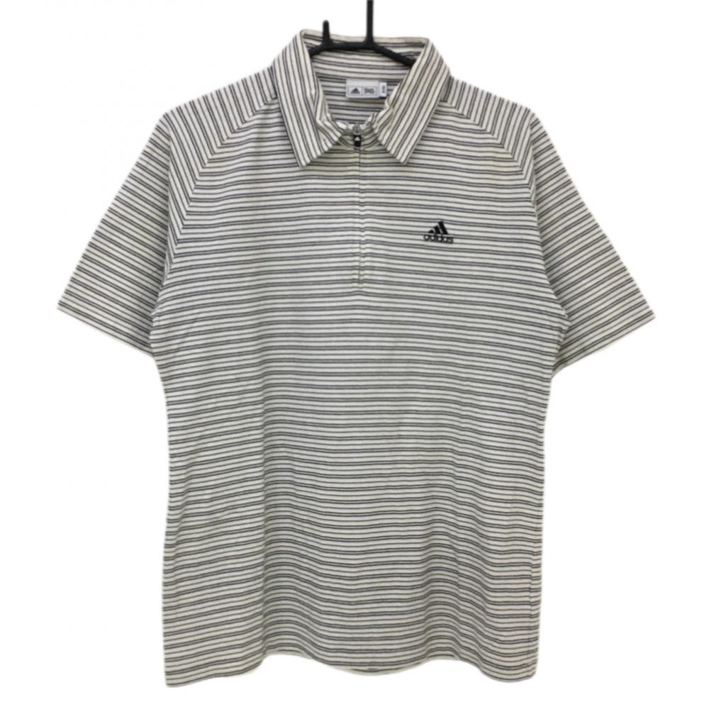 アディダス 半袖ポロシャツ 白×黒 ボーダー柄 ロゴ刺しゅう ハーフジップ メンズ O/XG ゴルフウェア adidas
