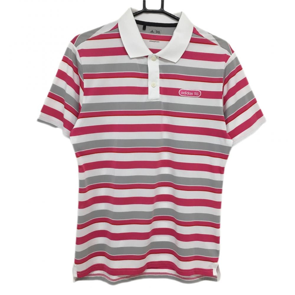 アディダス 半袖ポロシャツ 白×ピンク ボーダー柄 刺しゅうワッペン メンズ L/G ゴルフウェア adidas