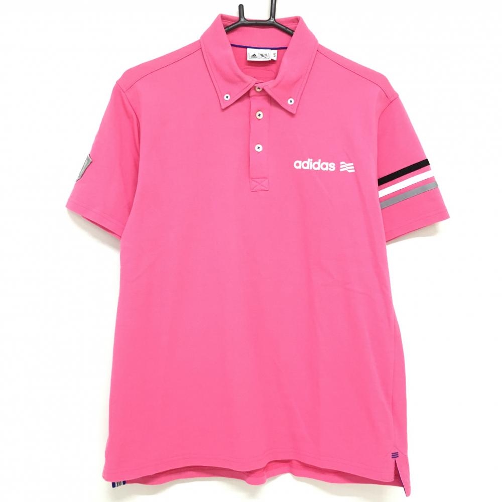 アディダス 半袖ポロシャツ ピンク×白 ロゴプリント 袖3ライン メンズ L/G ゴルフウェア adidas