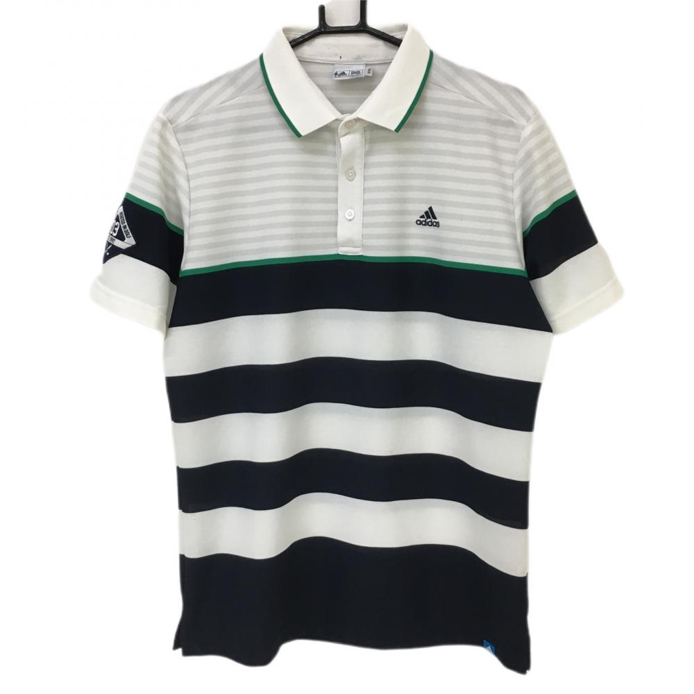 アディダス 半袖ポロシャツ 白×ネイビー ボーダー柄 ロゴ刺しゅう メンズ Ｏ/ＸＧ ゴルフウェア adidas 画像