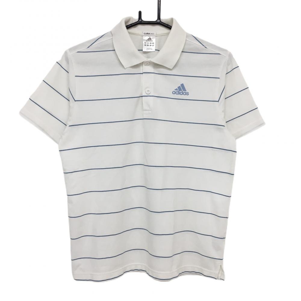 アディダス 半袖ポロシャツ 白×ブルー ボーダー柄 ロゴ刺しゅう メンズ M ゴルフウェア adidas