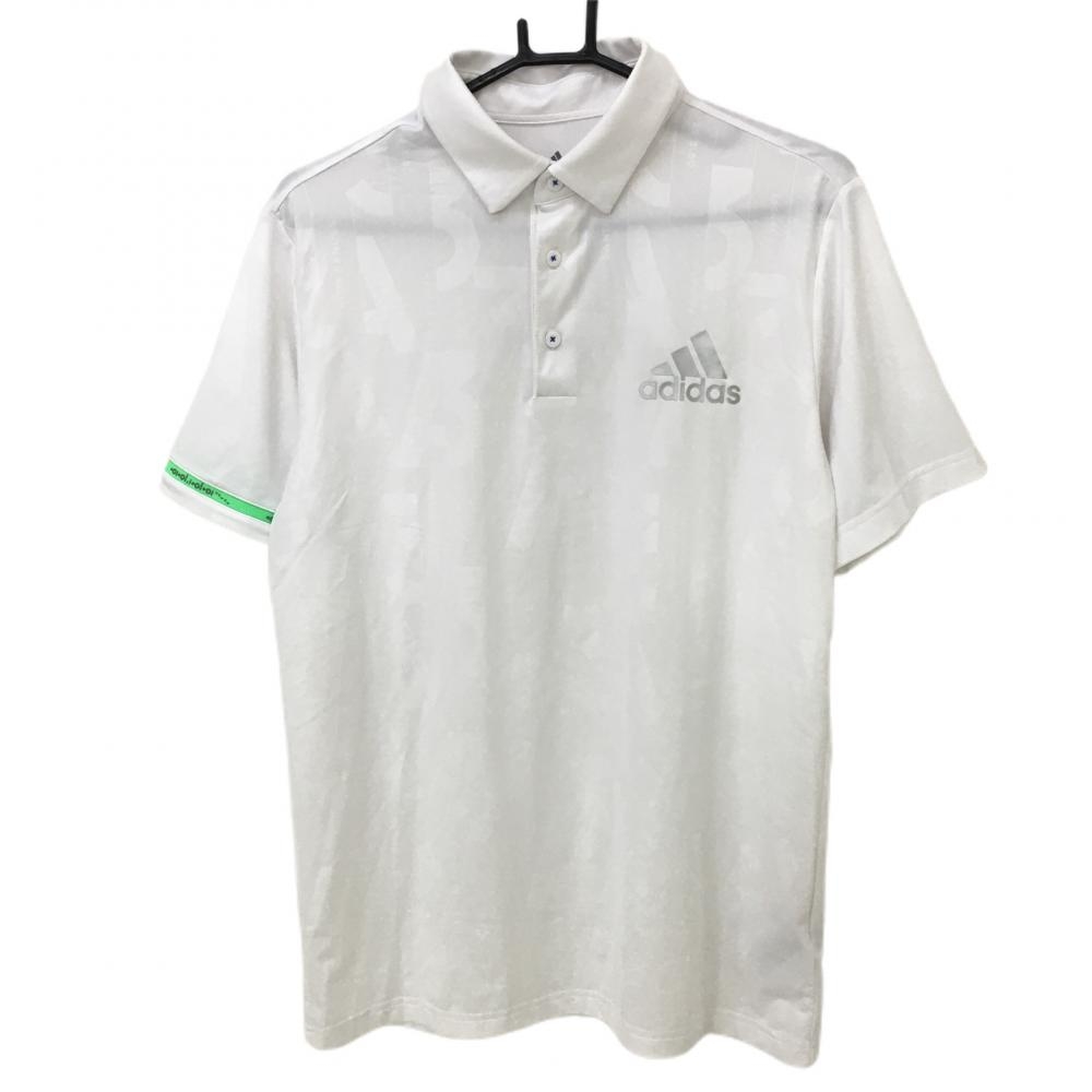 【美品】アディダス 半袖ポロシャツ 白×グリーン 総柄 ロゴプリント メンズ L ゴルフウェア adidas 画像