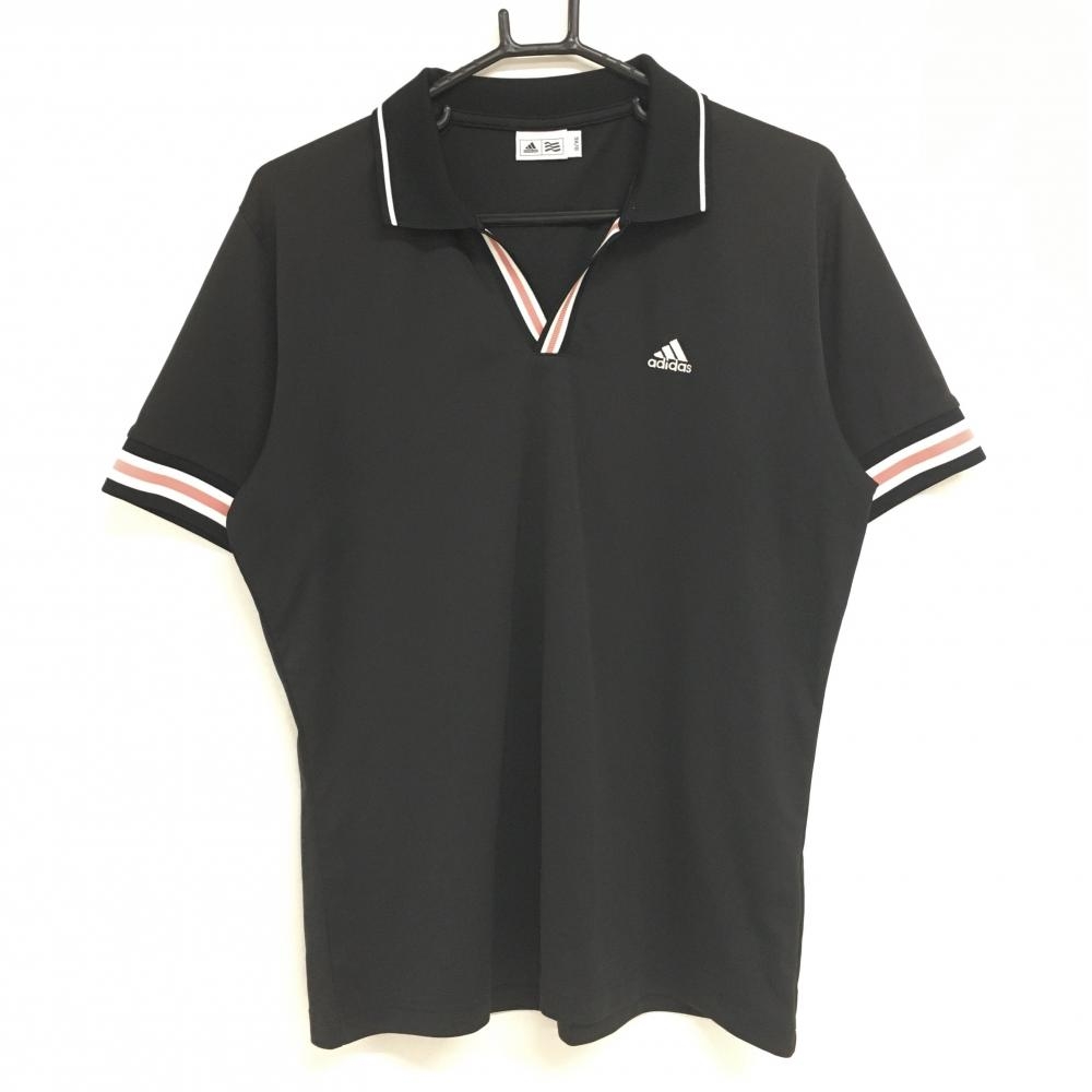 【超美品】アディダス 半袖スキッパーシャツ 黒×白 ロゴ刺しゅう メンズ 0/XG ゴルフウェア adidas