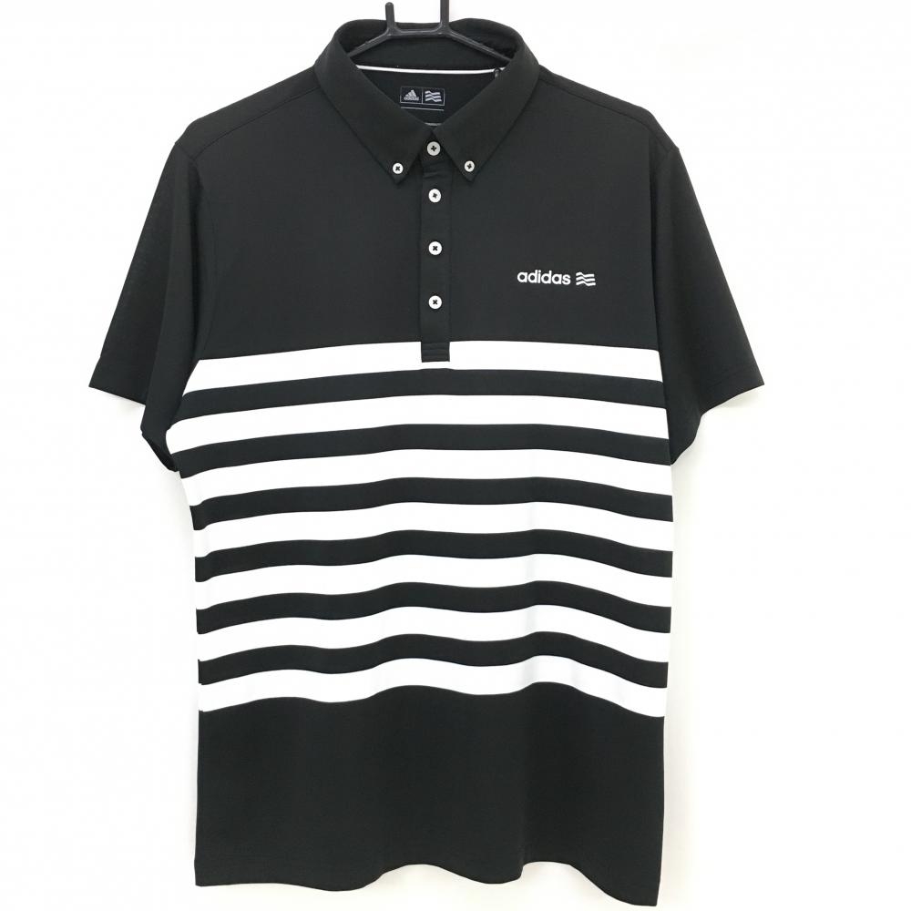 【美品】アディダス 半袖ポロシャツ 黒×白 一部ボーダー柄 ロゴプリン メンズ O ゴルフウェア adidas