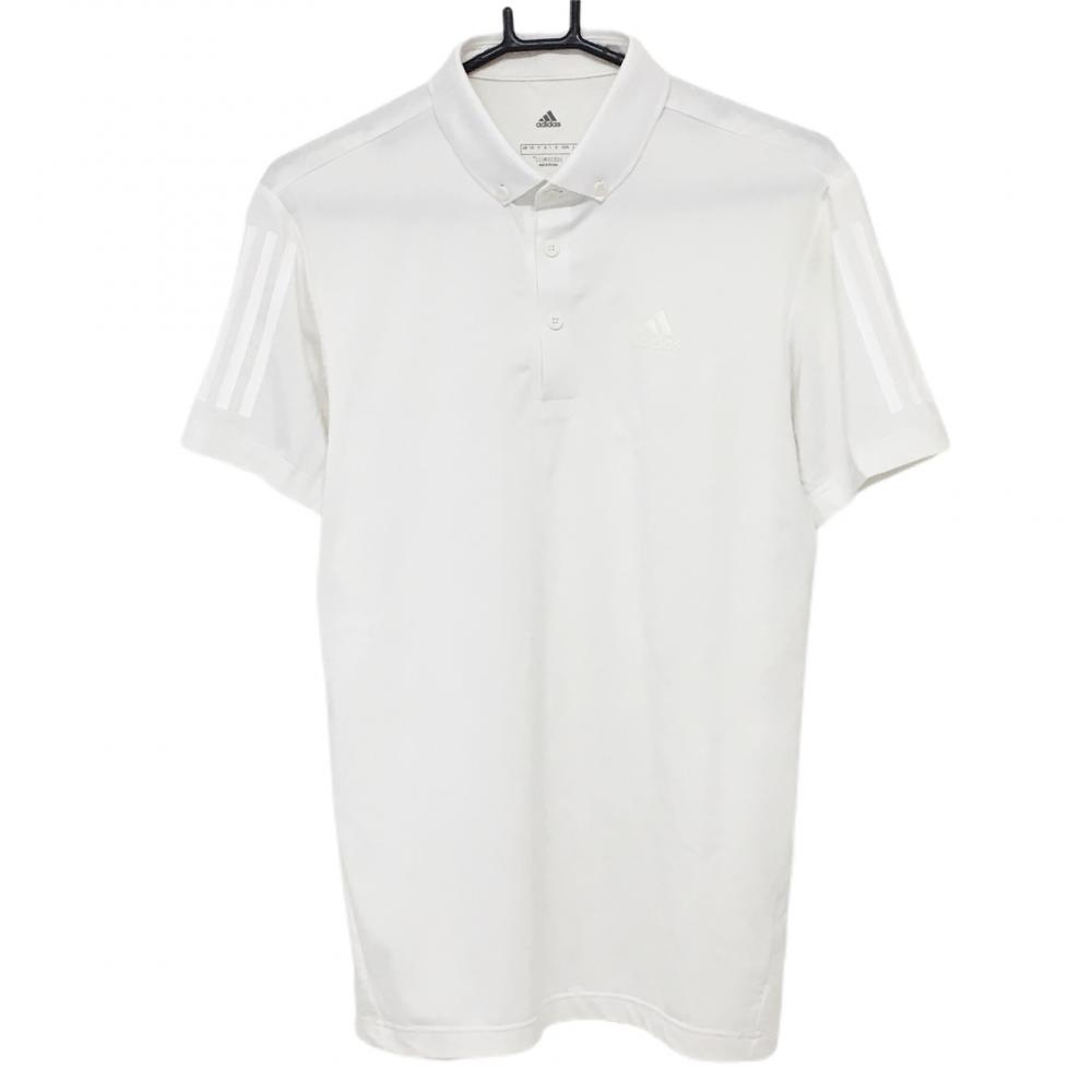 アディダス 半袖ポロシャツ 白 ロゴプリント 袖3ライン メンズ M ゴルフウェア adidas