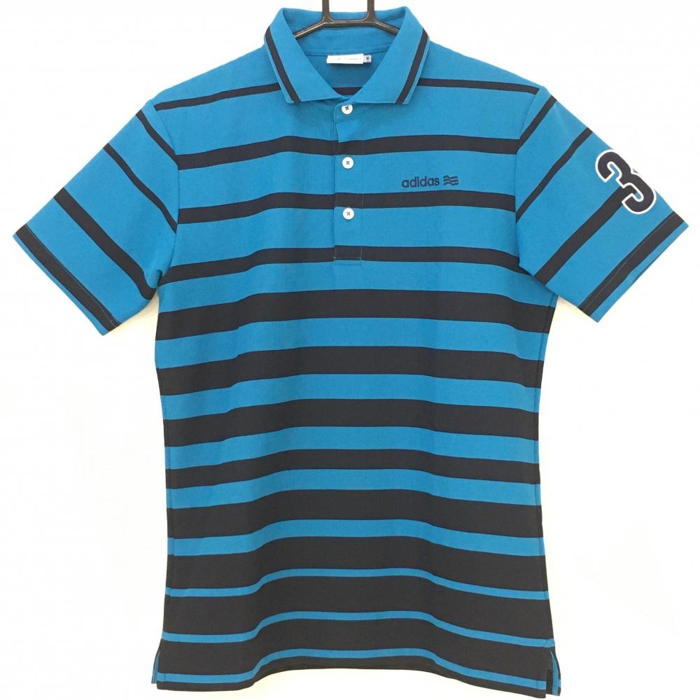 アディダス 半袖ポロシャツ ブルー×黒 ボーダー調 ロゴ刺しゅう  メンズ M/M ゴルフウェア adidas