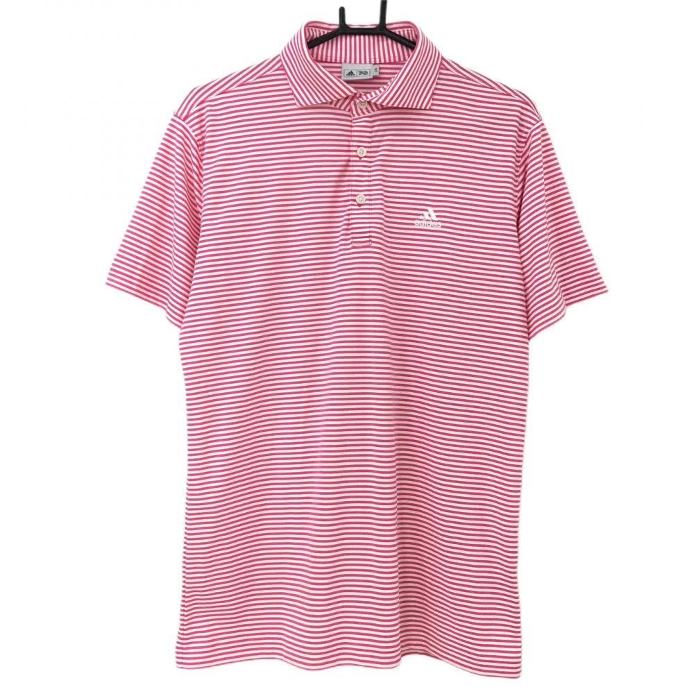 【超美品】アディダス 半袖ポロシャツ 白×ピンク ボーダー ロゴ刺しゅう メンズ L/G(L) ゴルフウェア adidas