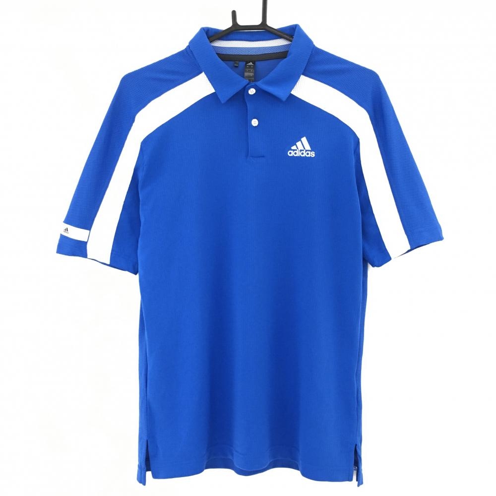 【美品】アディダス 半袖ポロシャツ ブルー×白 織生地 サイド3ライン 胸ロゴ メンズ M ゴルフウェア adidas