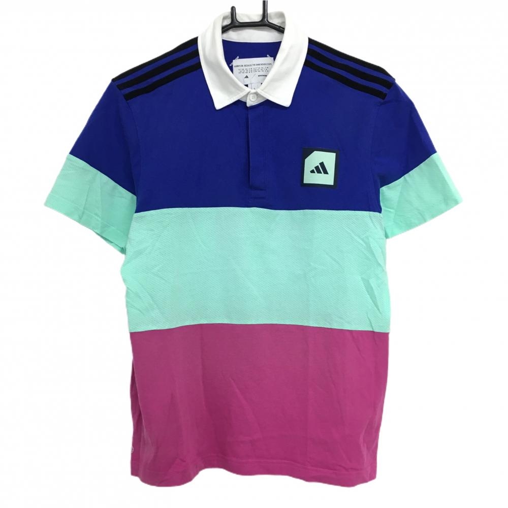 アディダス 半袖ポロシャツ ブルー×グリーン×ピンク バイカラー  メンズ L ゴルフウェア 2022年モデル adidas