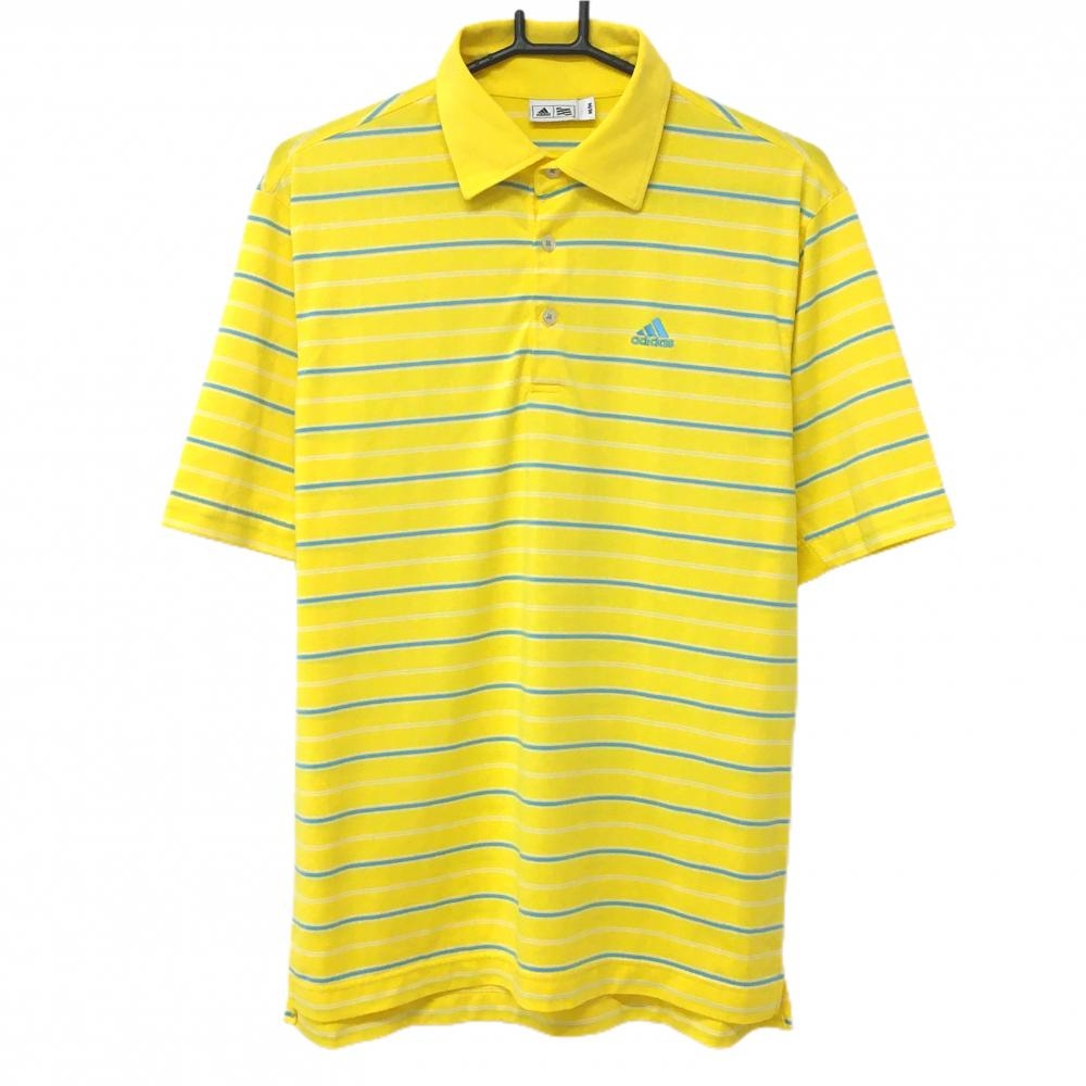 アディダス 半袖ポロシャツ イエロー×ブルー ボーダー ロゴ刺しゅう メンズ M/M ゴルフウェア adidas