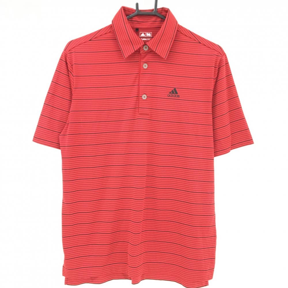 【美品】アディダス 半袖ポロシャツ レッド×黒 ボーダー ロゴ刺しゅう メンズ S/P ゴルフウェア adidas