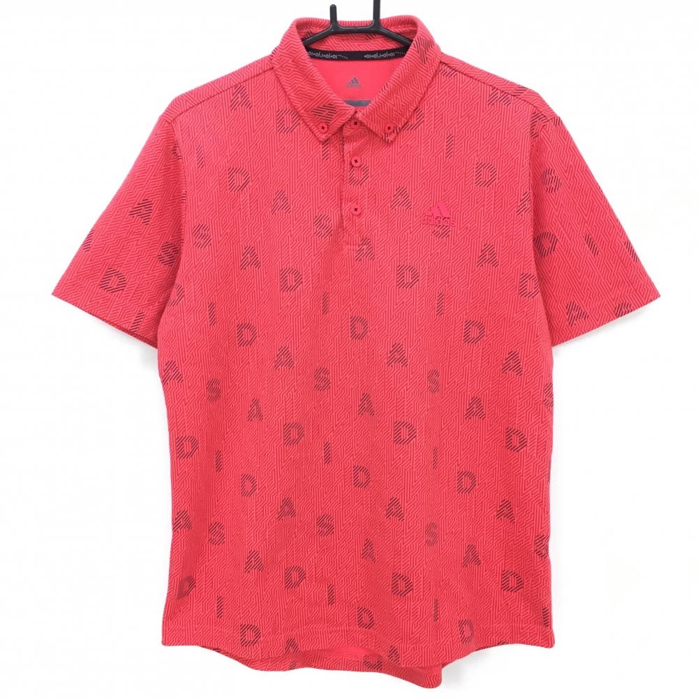 【超美品】アディダス 半袖ポロシャツ レッド×ネイビー ロゴ総柄 ボタンダウン メンズ O(XL) ゴルフウェア adidas