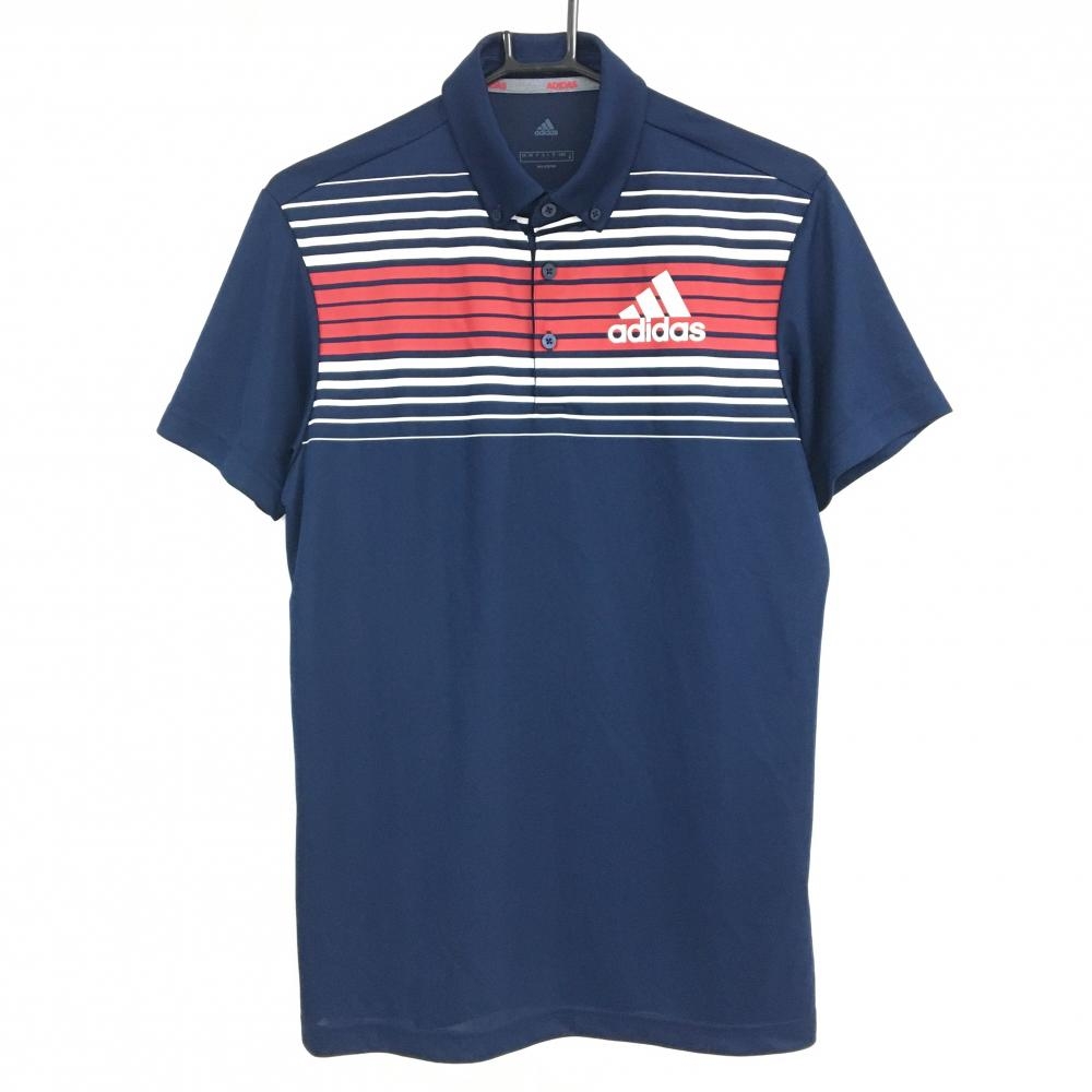 【超美品】アディダス 半袖ポロシャツ ネイビー×白 上部ボーダー ボタンダウン メンズ M ゴルフウェア adidas