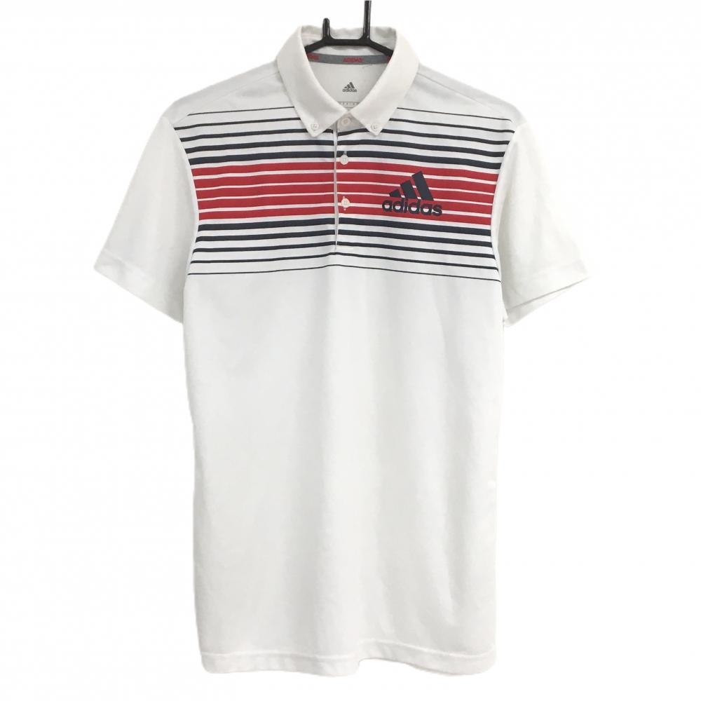 アディダス 半袖ポロシャツ 白×ネイビー 一部ボーダー調  メンズ Ｌ ゴルフウェア adidas