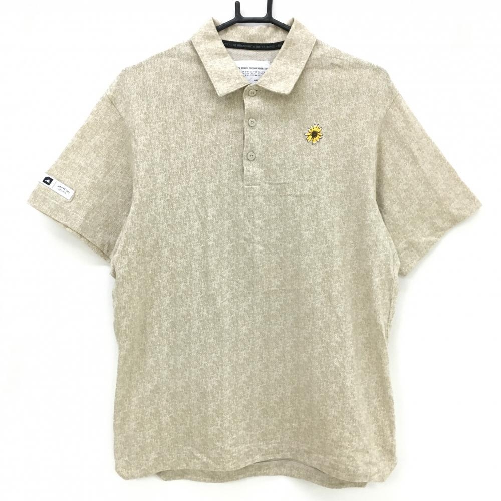 【超美品】アディダス 半袖ポロシャツ ライトベージュ×ベージュ 総柄 花刺しゅう メンズ M ゴルフウェア adidas