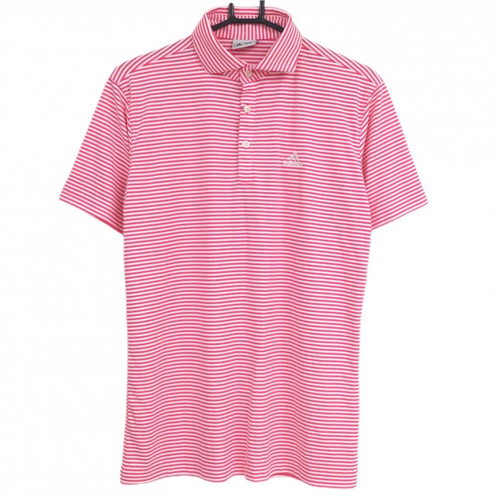 【新品】アディダス 半袖ポロシャツ 白×ピンク ボーダー ロゴ刺しゅう メンズ M/M ゴルフウェア adidas