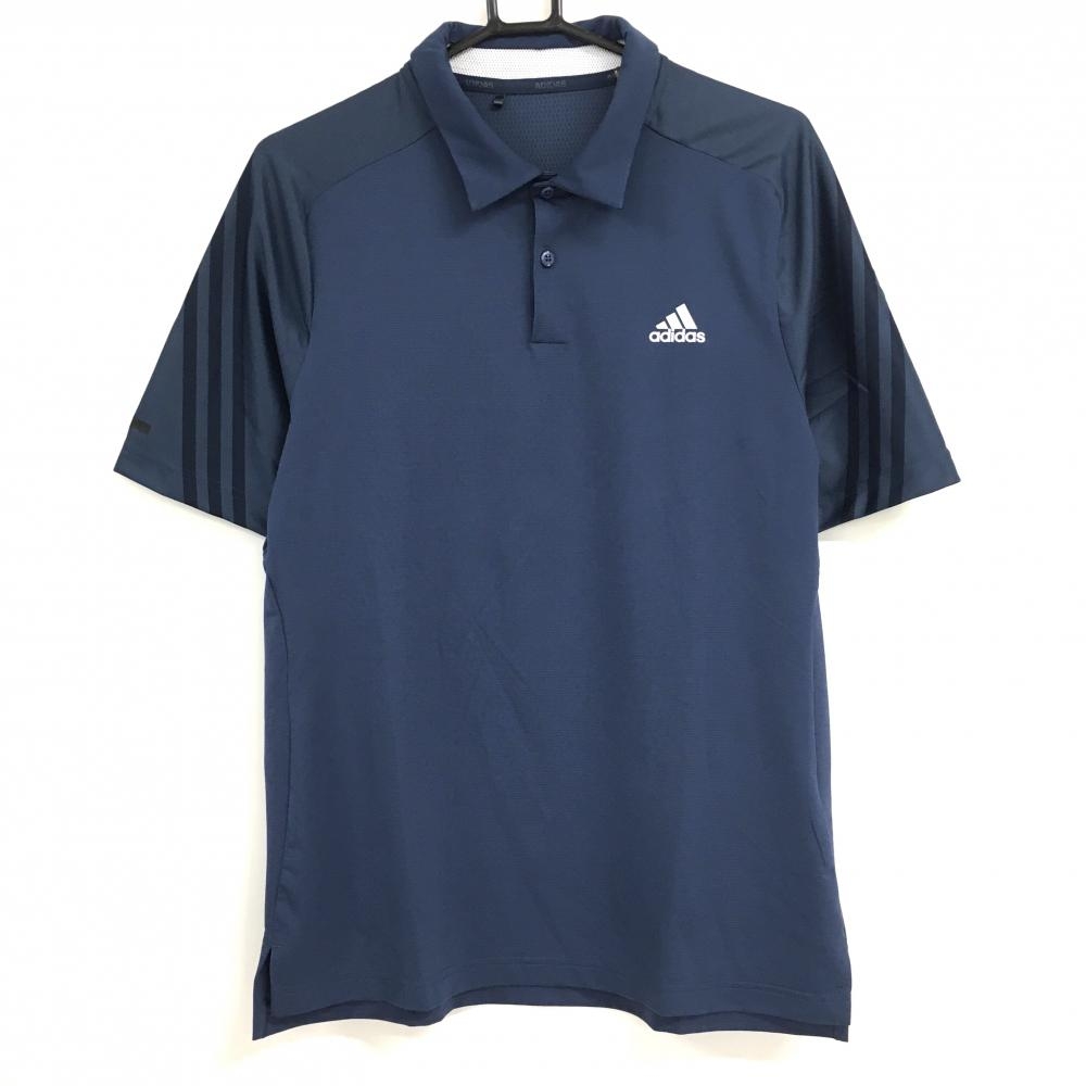 【超美品】アディダス 半袖ポロシャツ ネイビー ロゴ白 3ライン 袖背面一部異素材 メンズ L ゴルフウェア adidas