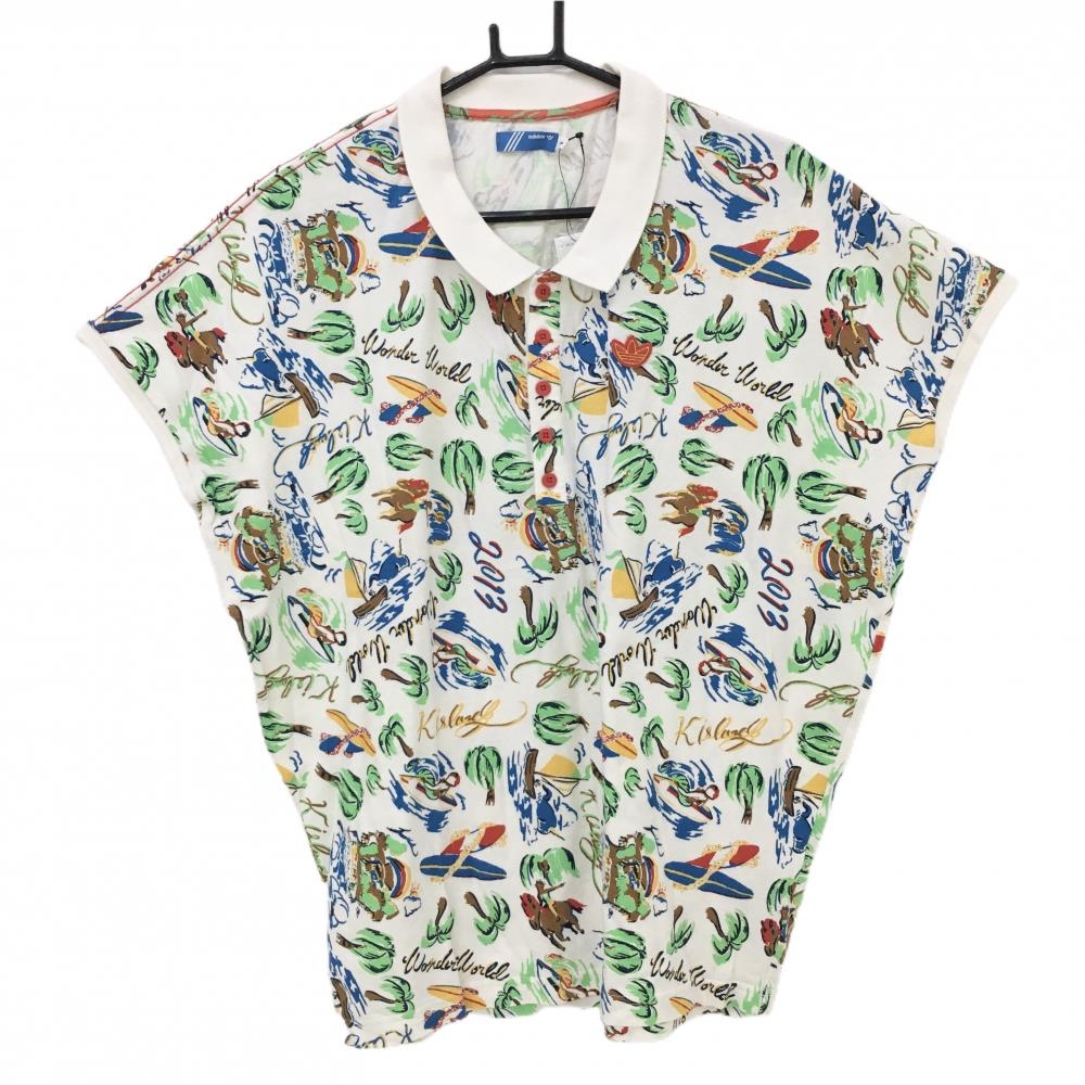 【新品】アディダス 半袖ポロシャツ 白×マルチカラー ヤシの木総柄   メンズ F ゴルフウェア adidas