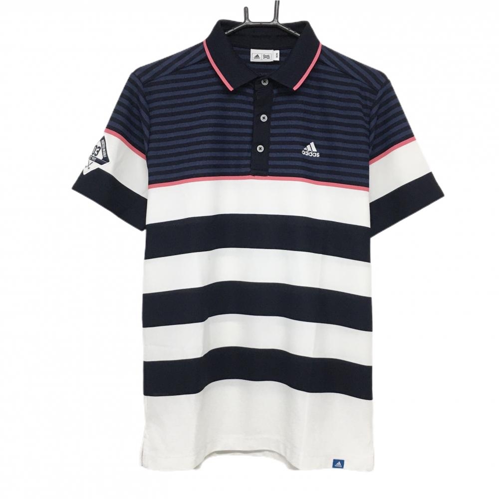 【美品】アディダス 半袖ポロシャツ 白×ダークネイビー ボーダー 襟縁ピンク メンズ M/M ゴルフウェア adidas